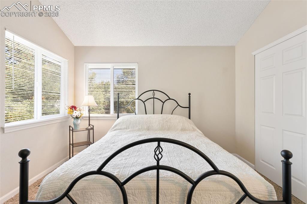 Carpeted bedroom with lofted ceiling and a textured ceiling