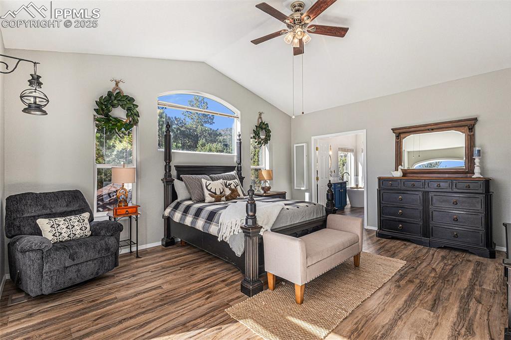 Bedroom featuring dark wood-style floors, access to exterior, ceiling fan, and high vaulted ceiling