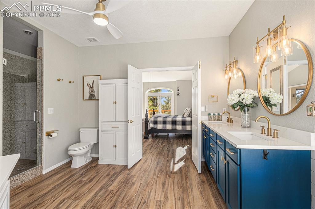 Full bathroom with a walk in closet, wood finished floors, a shower stall, a glass covered fireplace, and a freestanding bath
