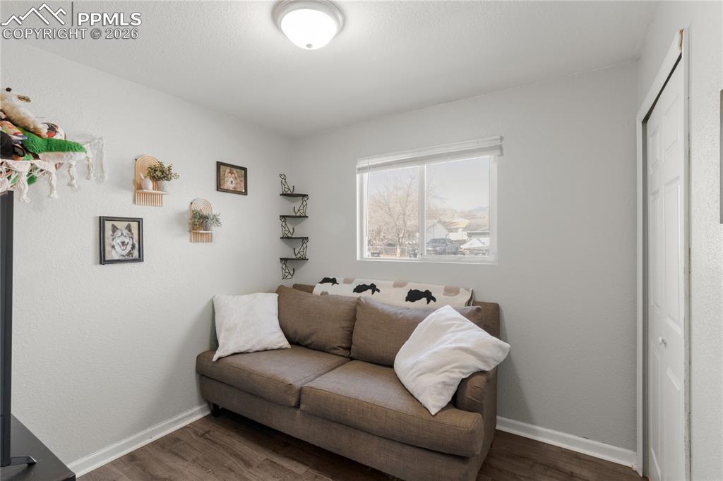Living area with dark wood-style flooring and a textured wall
