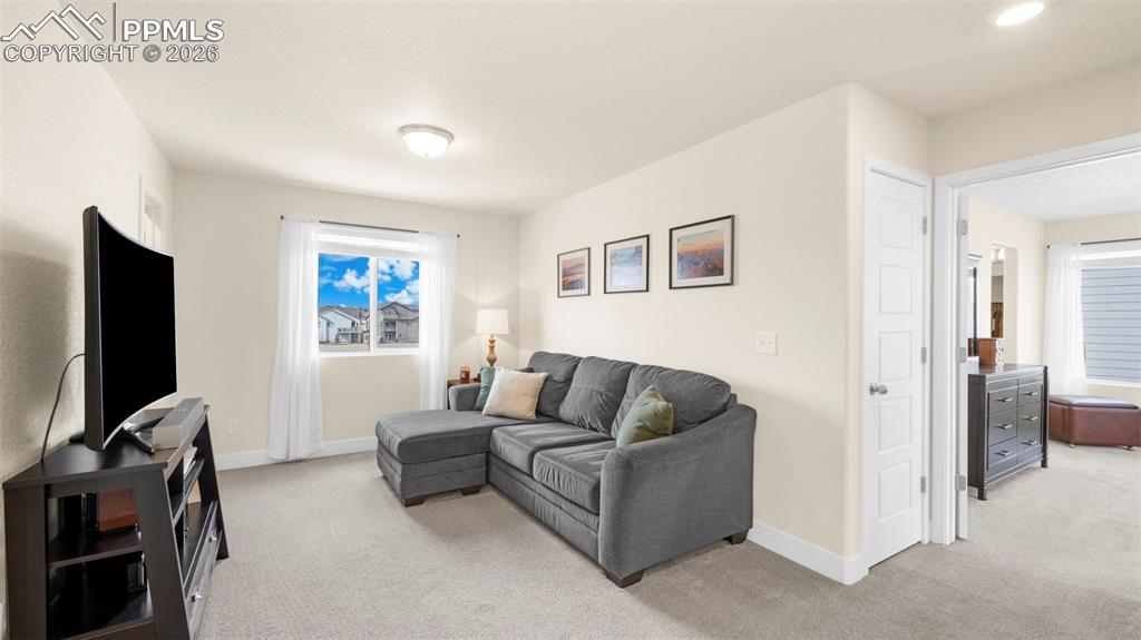 Living area featuring light carpet