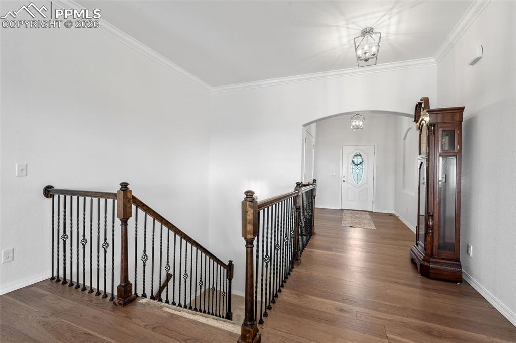 Foyer featuring dark wood finished floors, arched walkways, and ornamental molding