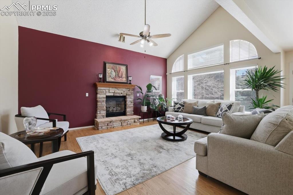 Family room with soaring ceilings.