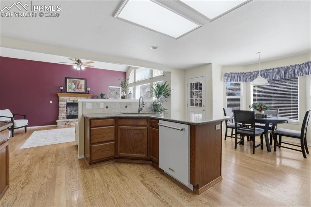 Open kitchen flows into the family room.