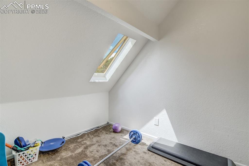 Workout area with lofted ceiling, a skylight, carpet flooring, and a textured wall