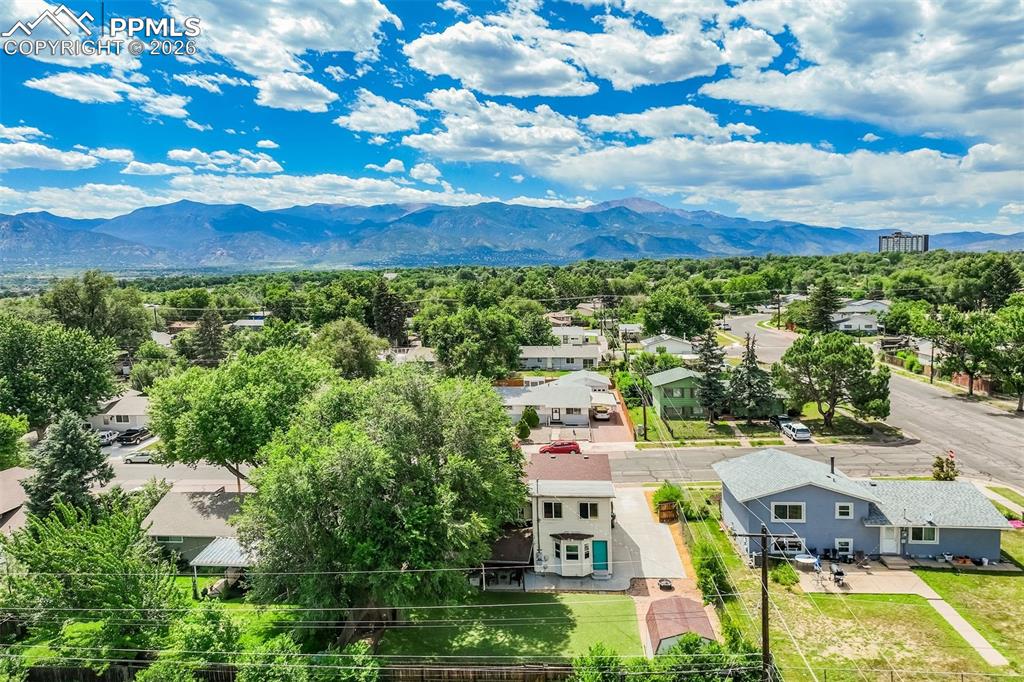 Aerial view with mountain backdrop