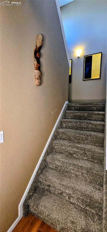 Staircase featuring baseboards and wood finished floors