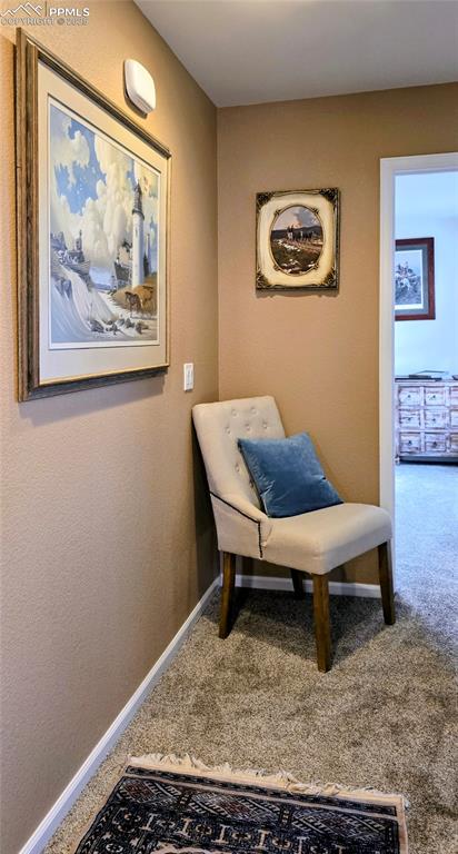 Living area with carpet flooring and a textured wall