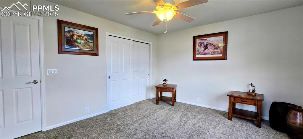 Bedroom featuring carpet, a closet, and ceiling fan