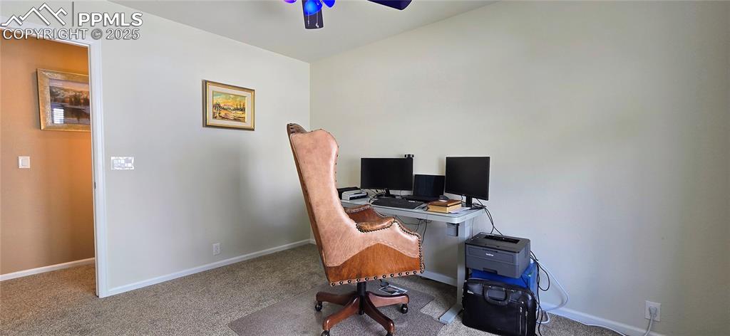 Office with carpet and a ceiling fan