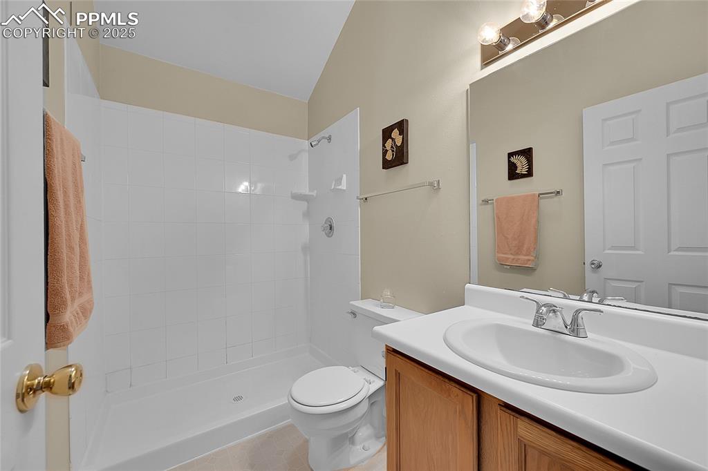 Full adjoining bathroom featuring skylight, vaulted ceiling, tile floor & surround