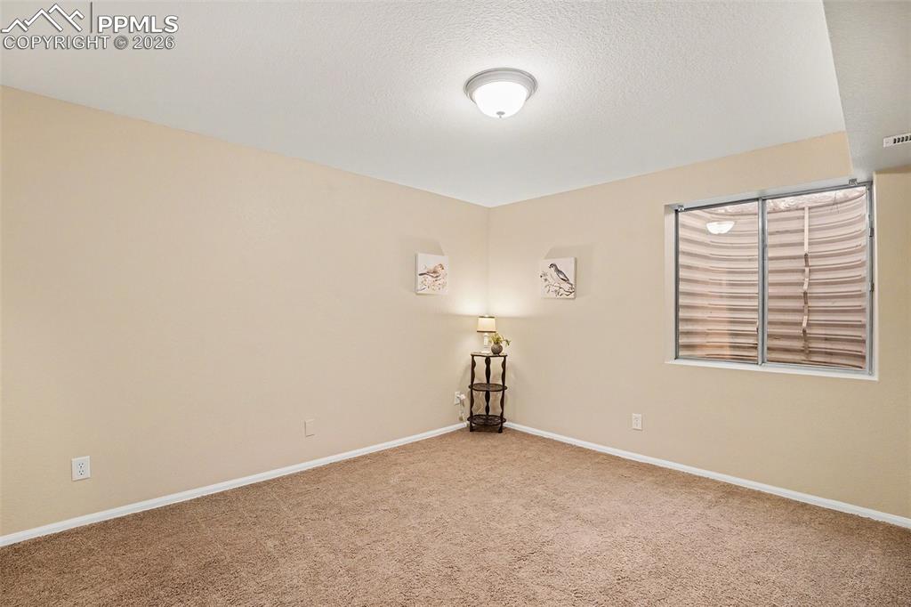 Spacious basement bedroom, perfect for guests, with convenient access to a Jack-and-Jill bathroom