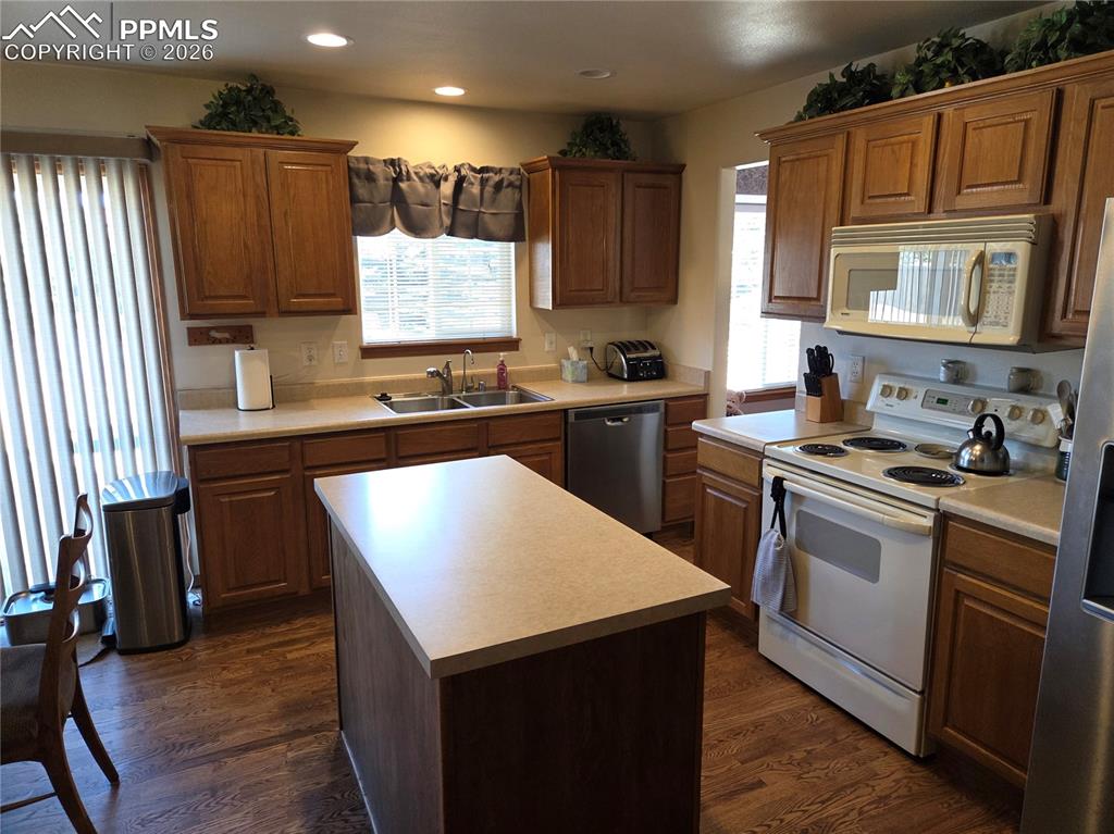 Kitchen with stainless steel appliances, dark wood-style floors, light countertops, and recessed lighting