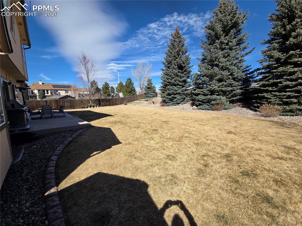 Fenced backyard featuring a patio