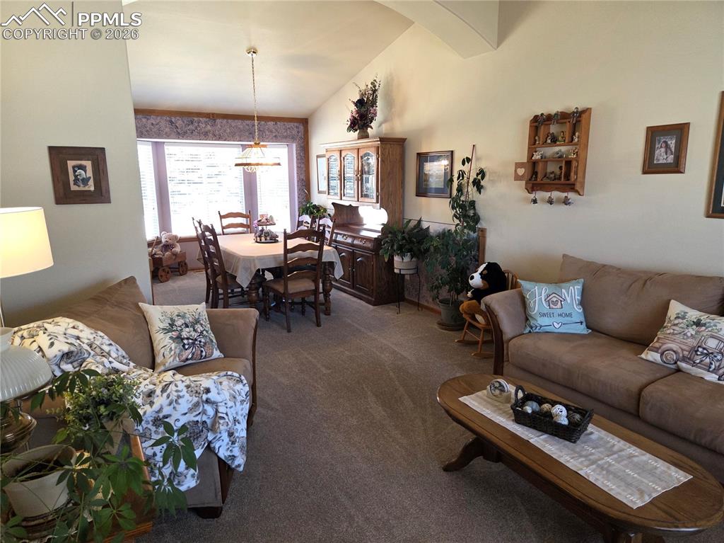 Carpeted living area featuring vaulted ceiling