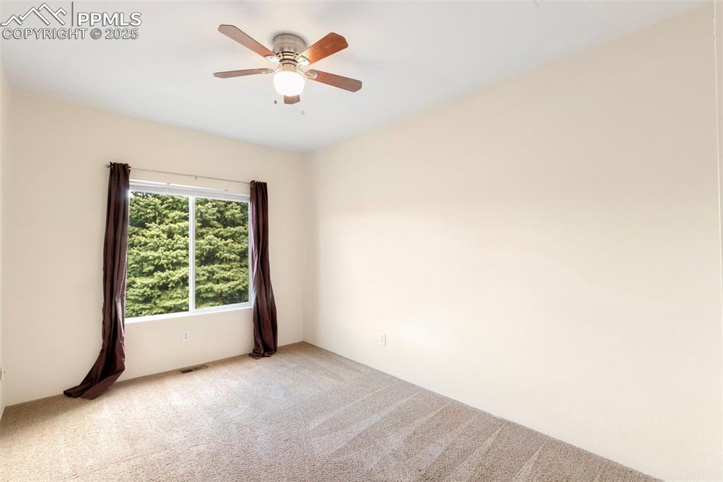 Carpeted spare room with ceiling fan