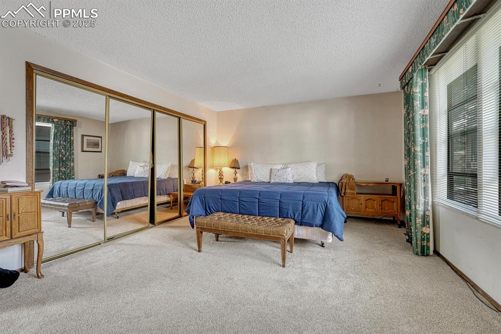Bedroom featuring a closet, carpet, and a textured ceiling