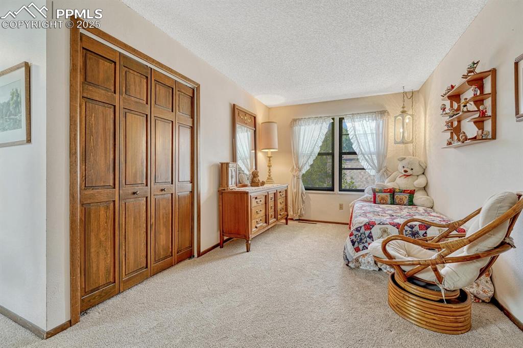Living area featuring light colored carpet and a textured ceiling
