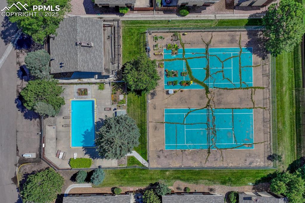 Drone / aerial view of a pool area