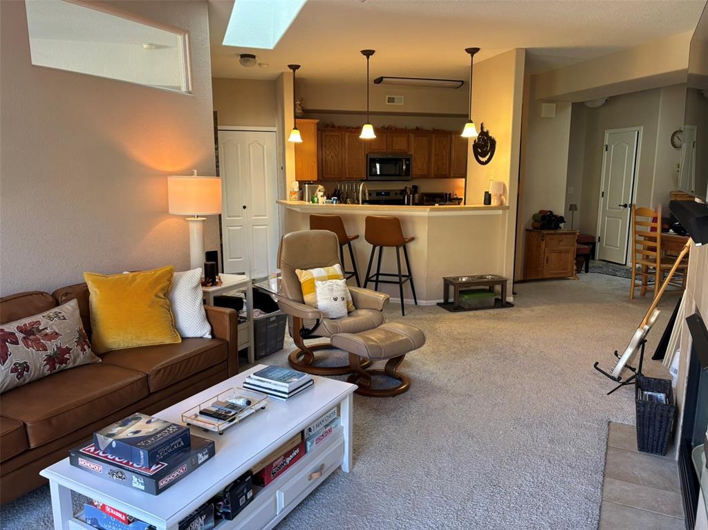 Living area featuring a skylight and light colored carpet