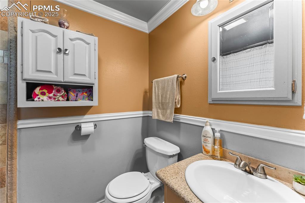 Full bathroom featuring ornamental molding and vanity