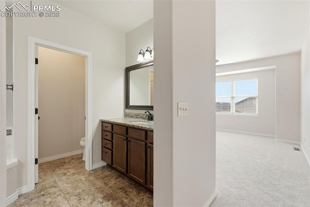 Bathroom featuring vanity and light carpet