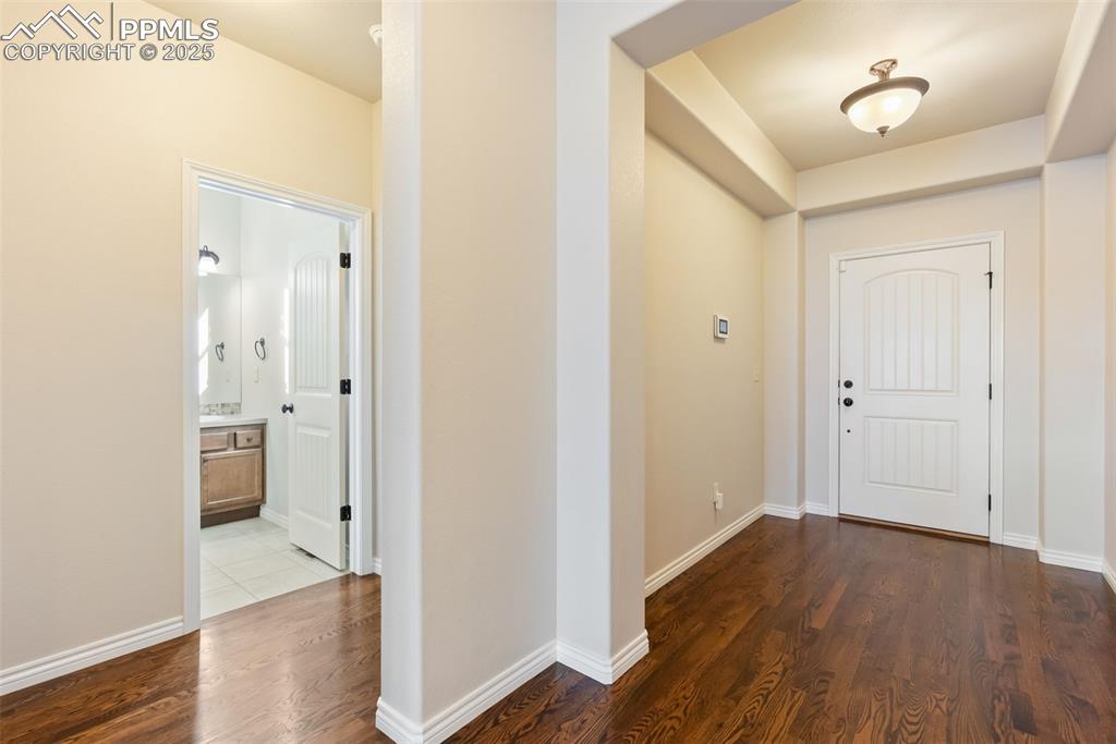 Entrance foyer with dark wood-style flooring and baseboards
