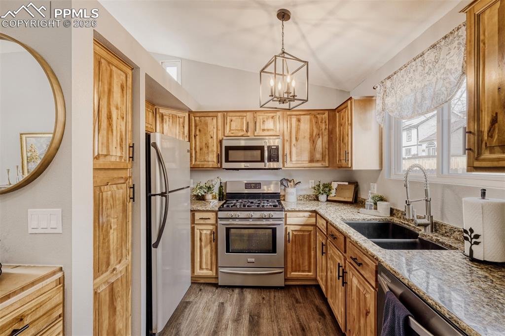 Kitchen featuring stainless steel appliances, light stone counters, dark wood finished floors, and hanging lights