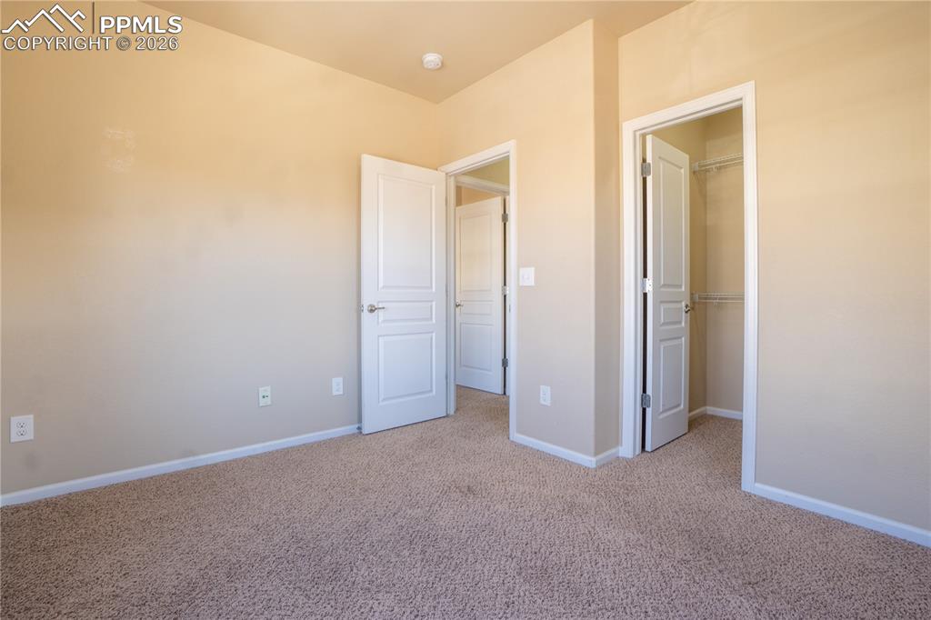 Unfurnished bedroom with a walk in closet and light colored carpet