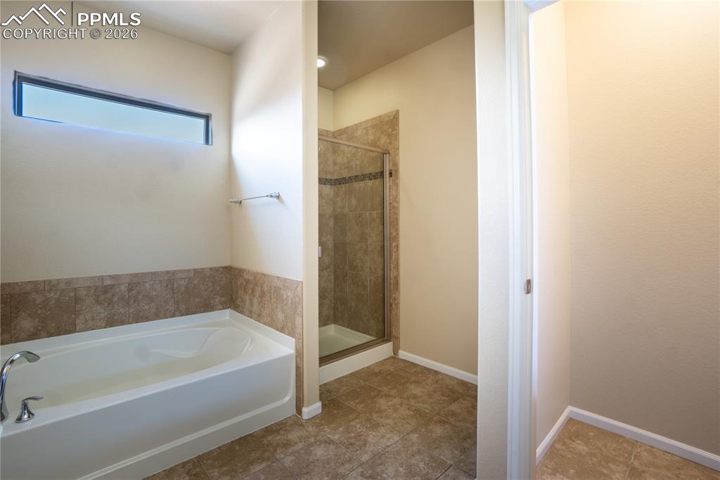 Bathroom with a bath and a stall shower