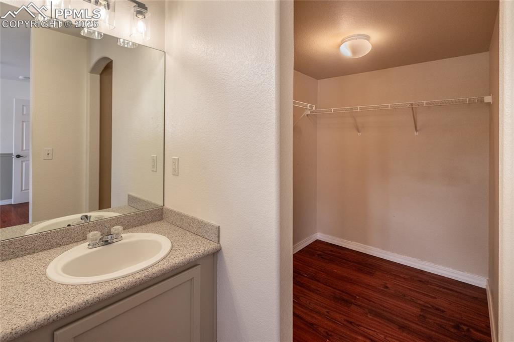 Bathroom featuring dark wood finished floors, vanity, and a walk in closet