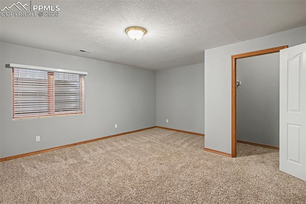 Unfurnished room featuring light carpet and a textured ceiling