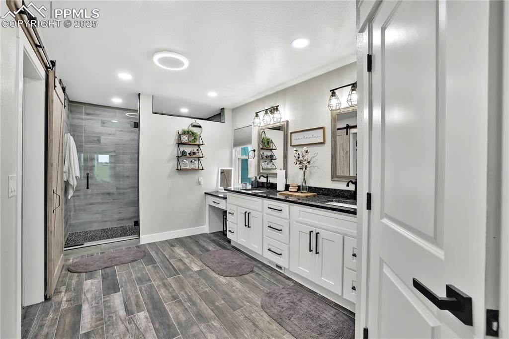 Main Bathroom attached, toilet closet, double sink, vanity area, walk in shower and closet