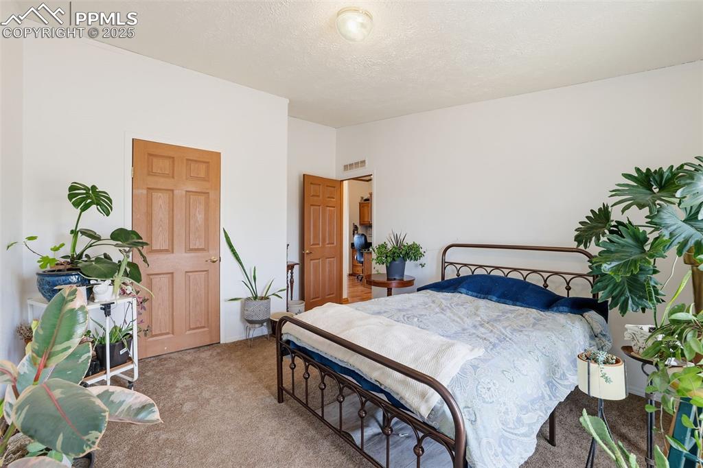 Bedroom with carpet flooring and a textured ceiling