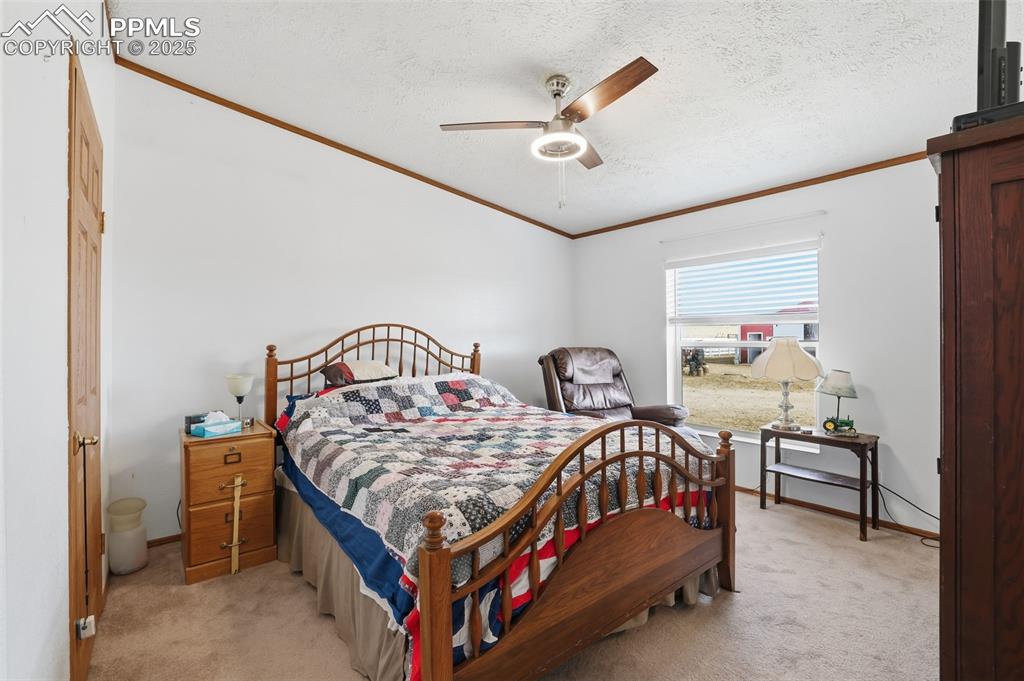 Bedroom with crown molding, a ceiling fan, light carpet, and a textured ceiling