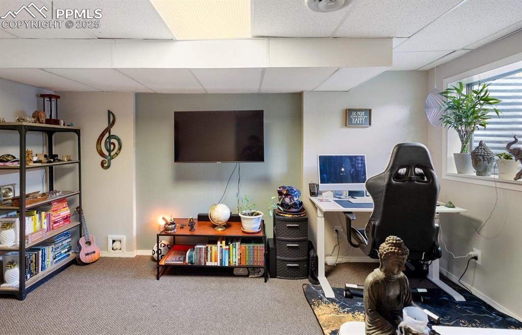 Family room in basement with recently replaced carpet flooring. Could be 3rd bedroom.