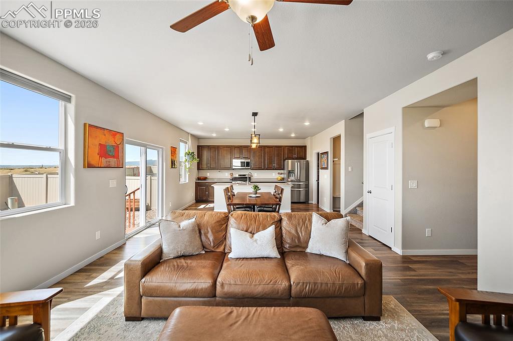 View from front of living room to the kitchen