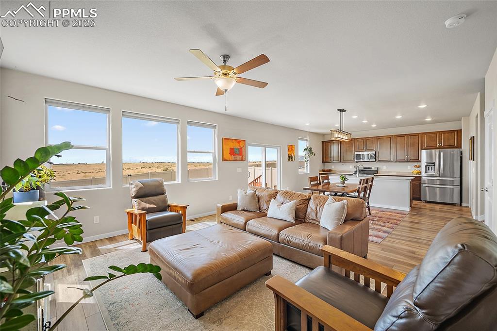 Living room with exterior view of open space and interior view of dining area and kitchen