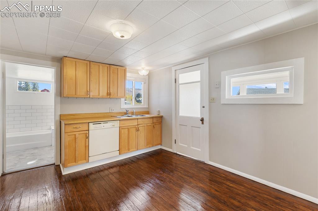 Kitchen with light countertops, light brown cabinets, dishwasher, and dark wood-style floors