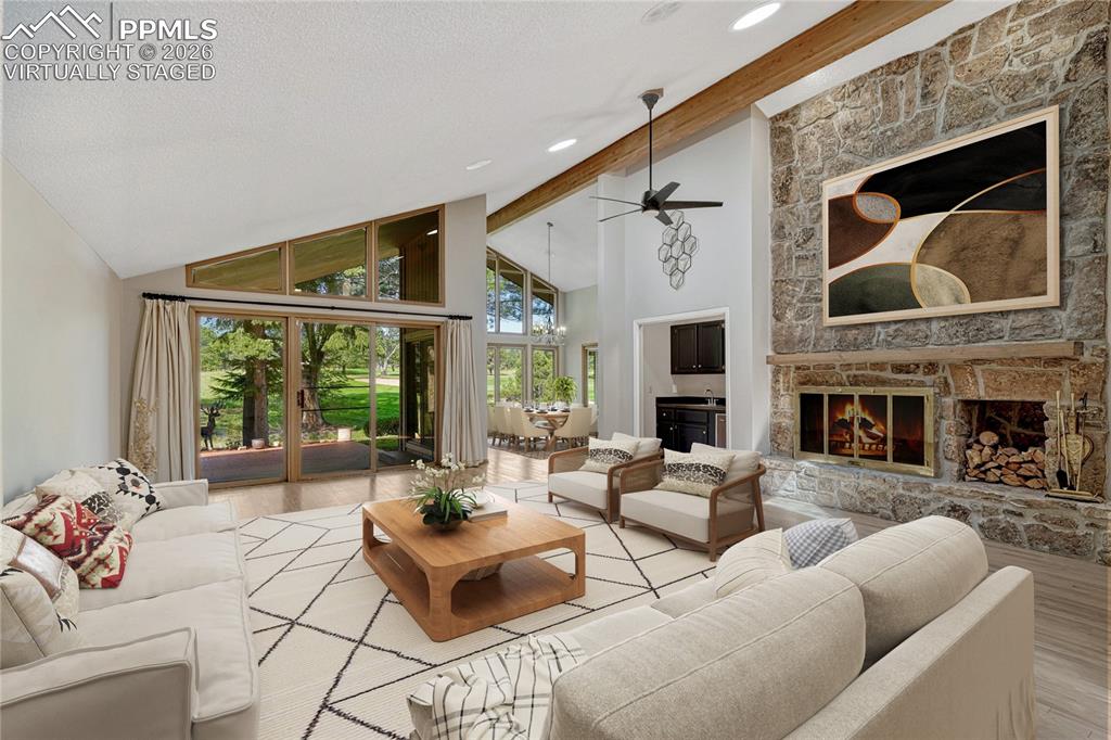 "Virtually Staged" Vaulted Ceilings, Large Moss Rock Stone Fireplace