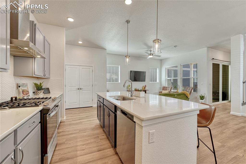 Stainless steel appliances with a large undermount island sink and gas range
