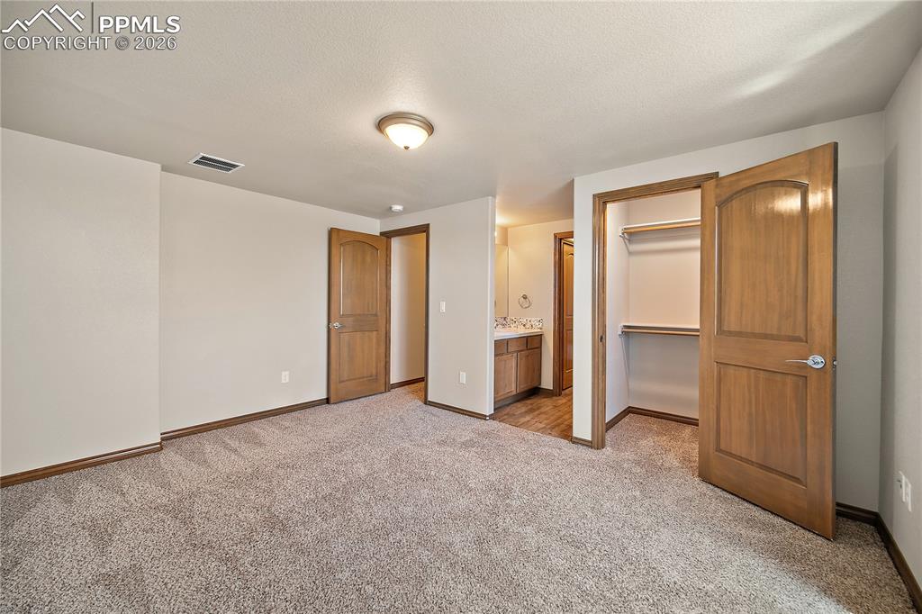 Basement bedroom with carpet, walk in closet and attached Jack-n-Jill bath.