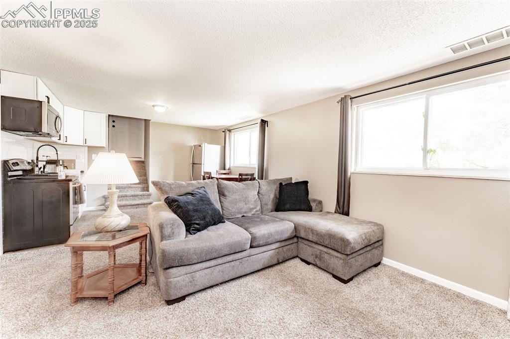 Living room featuring carpet floors and a textured ceiling