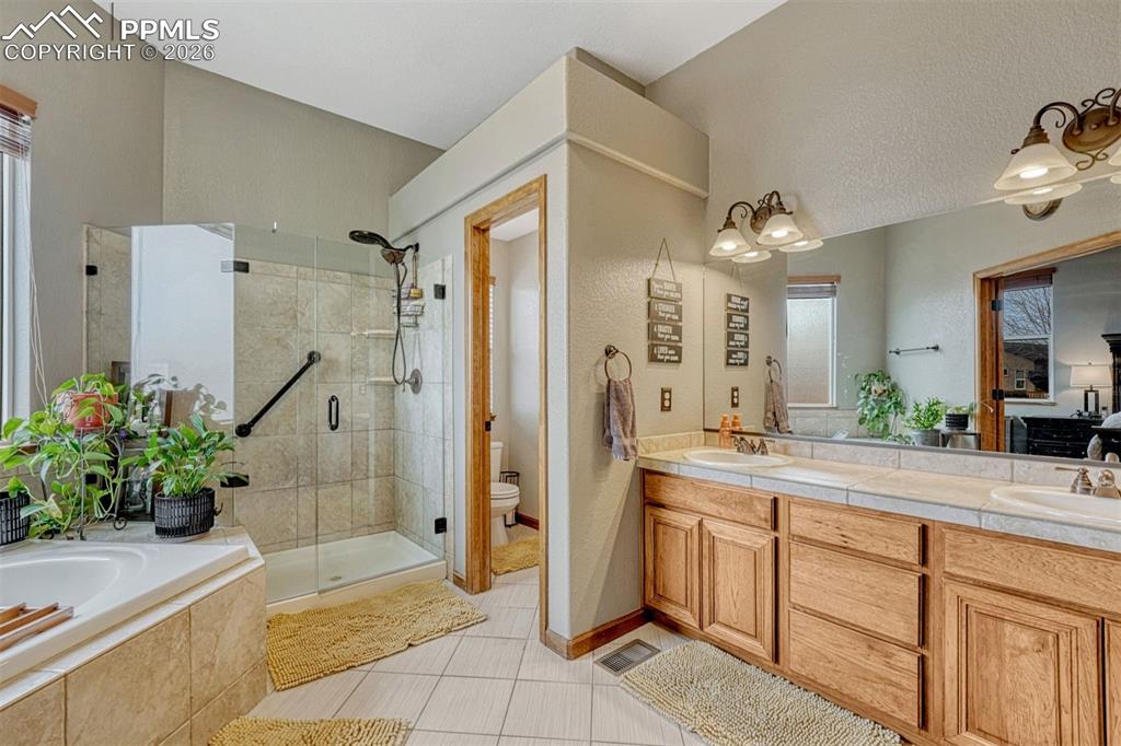 Primary bathroom with double vanity, a stall shower, and large walk-in closet