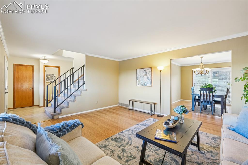 This living room is the more formal of two living spaces on the main level.