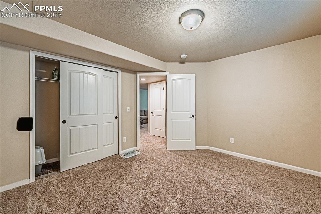 Unfurnished bedroom featuring carpet floors, a closet, and a textured ceiling