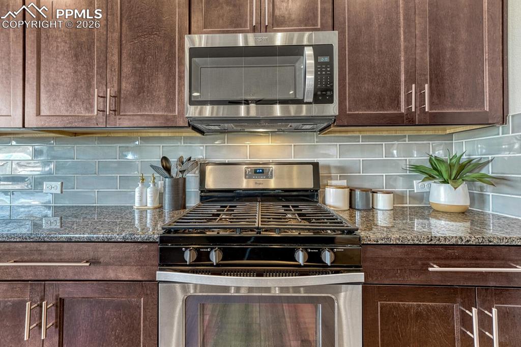Stainless Steel Appliances include a gas range oven, built-in microwave, dishwasher, and French door refrigerator.