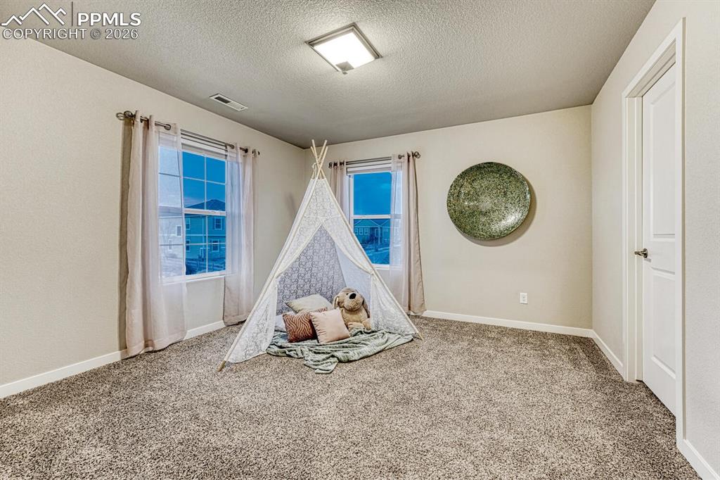 A spacious additional bedroom featuring carpeted flooring and a textured ceiling.
