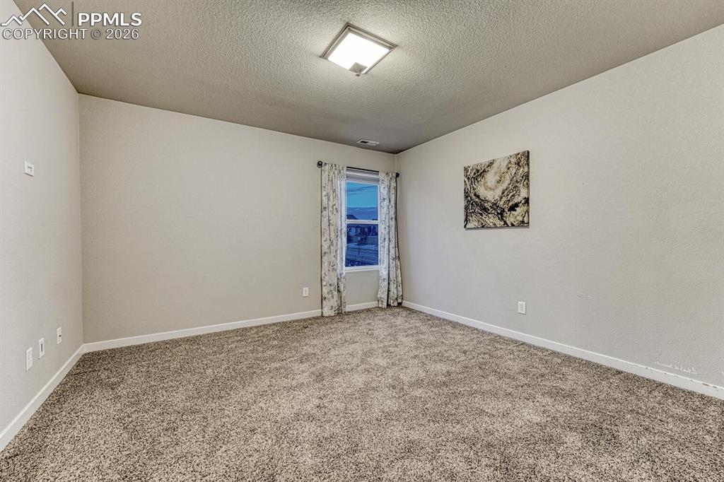 Unfurnished room with carpet and a textured ceiling