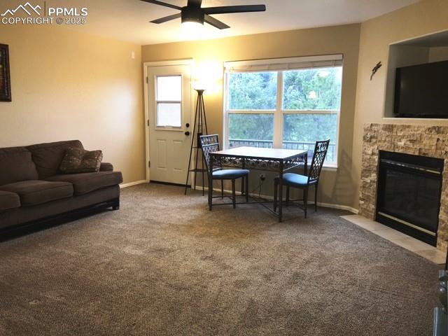 Spacious with a stone fireplace, cozy atmosphere.